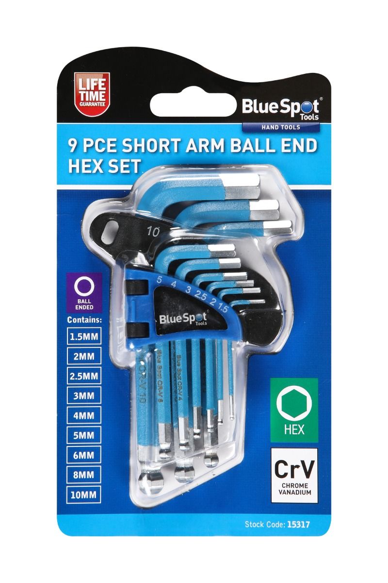 BlueSpot 9 Piece Short Arm Ball End Hex Key Set With A Manufacturers LifeTime Guarantee 15317