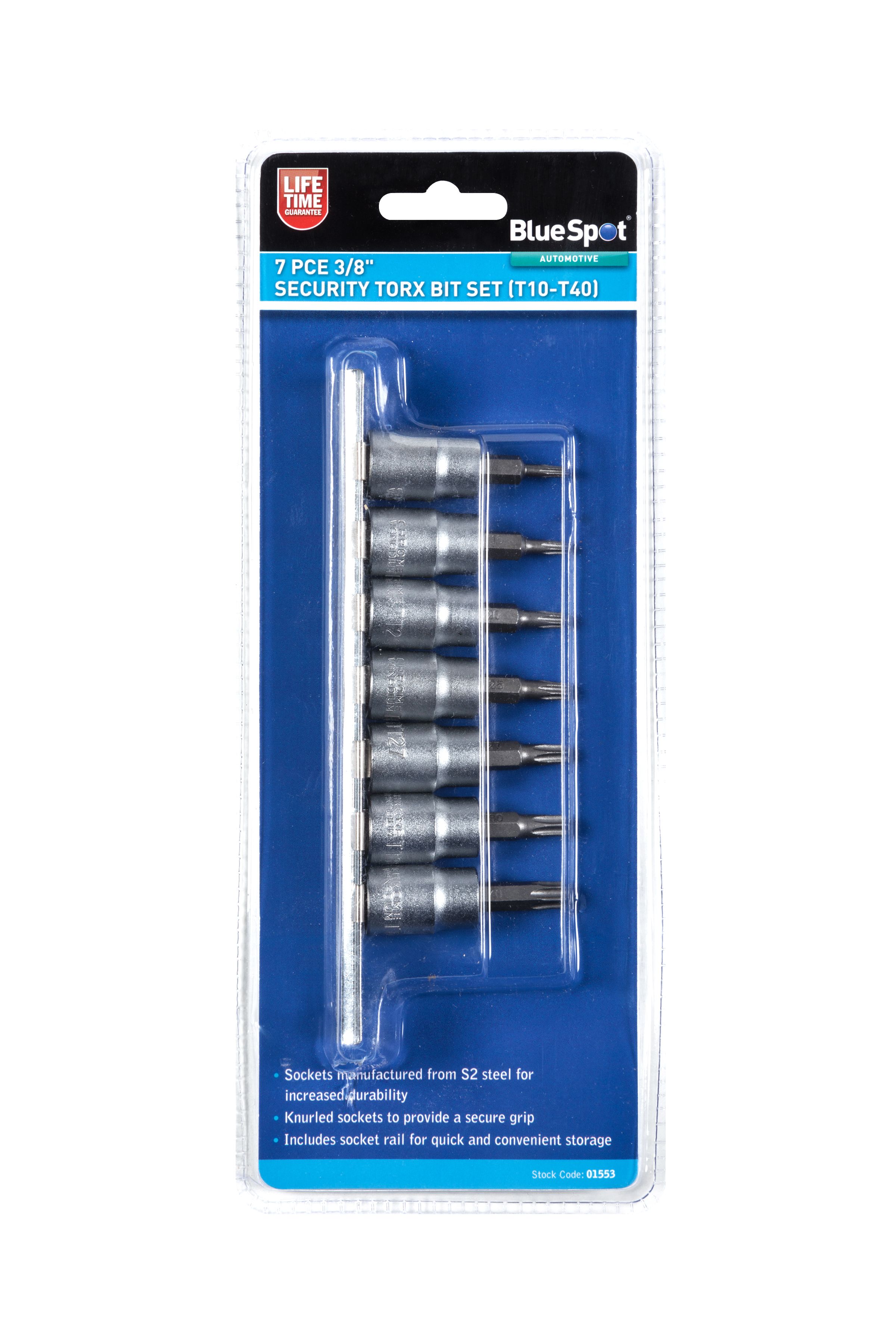 BlueSpot 7 Piece 3/8" Security Torx Bit Set (T10-T40) With A Manufacturers LifeTime Guarantee 01553