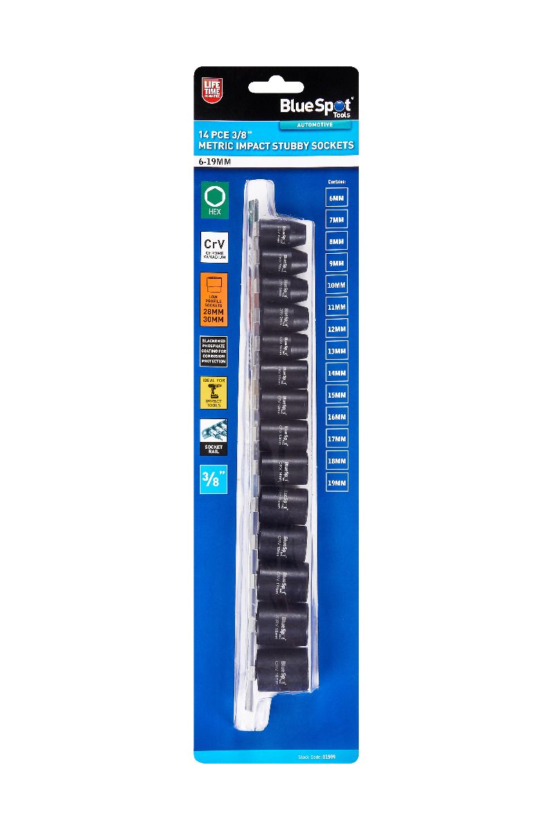 BlueSpot 14 Piece 3/8" Metric Impact Stubby Sockets (6-19mm) ( 01599 )