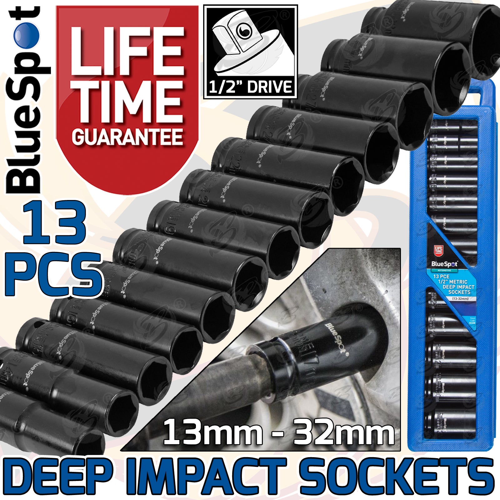 BLUESPOT 13PCS 1/2" DRIVE 6 POINT DEEP IMPACT SOCKETS 13MM - 32MM
