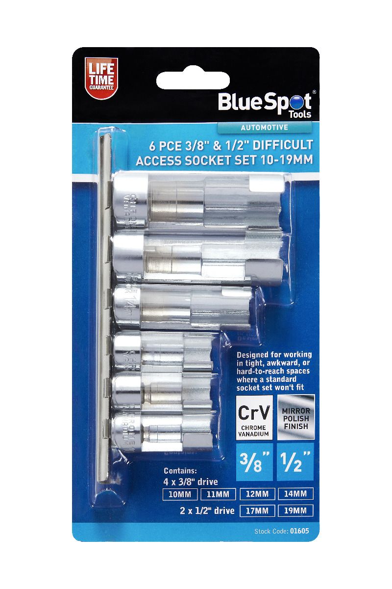 BlueSpot 6 Piece 3/8" & 1/2" Drive Difficult Access Socket Set ( 10mm - 19mm ) With A Manufacturers LifeTime Guarantee 01605