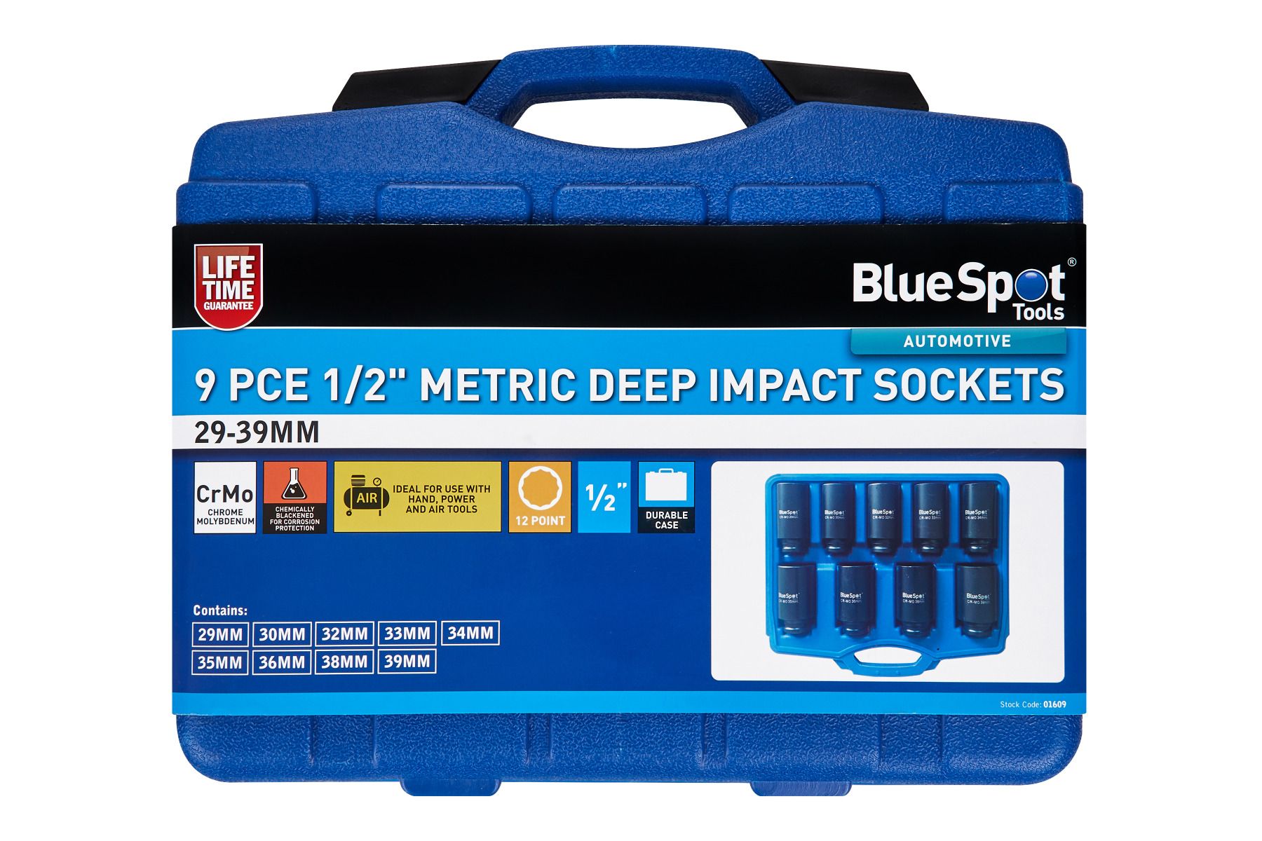 BlueSpot 9 Piece 1/2" Drive 12 Point Deep Impact Sockets 29mm - 39mm With A Manufacturers LifeTime Guarantee 01609