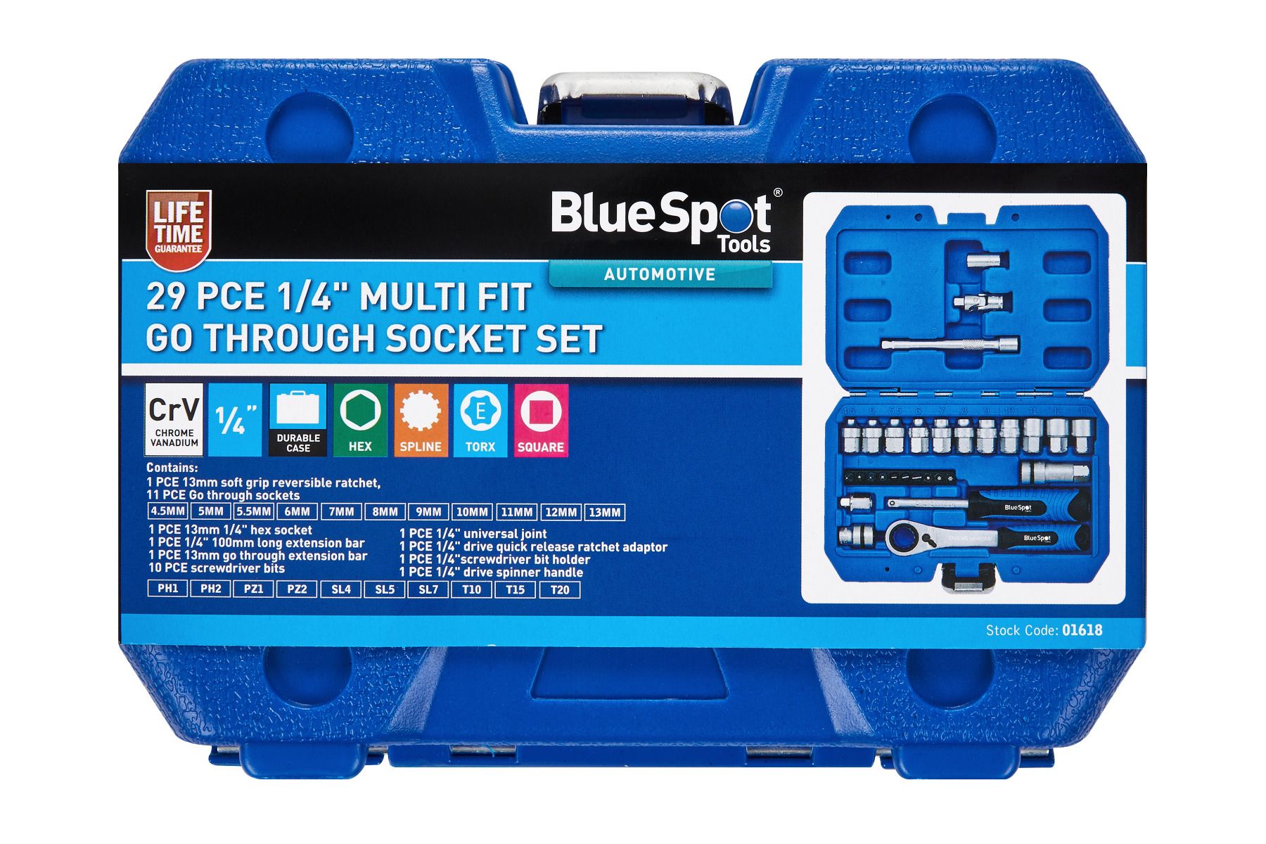 BlueSpot 29 Piece 1/4" Multi Fit Go Through Socket Set (4.5mm - 13mm) With A Manufacturers LifeTime Guarantee 01618
