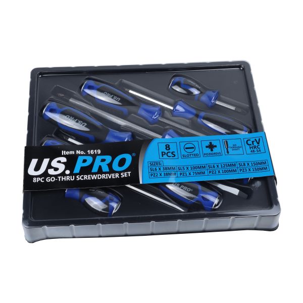 US Pro 8 Piece Magnetic Go Through Screwdriver Set ( Slotted - Pozidrive )  1619