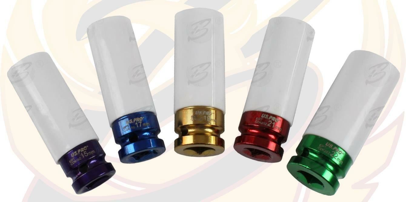 US PRO 5PCS 1/2" DRIVE 6 POINT ALLOY WHEEL NUT SOCKETS 15MM - 22MM