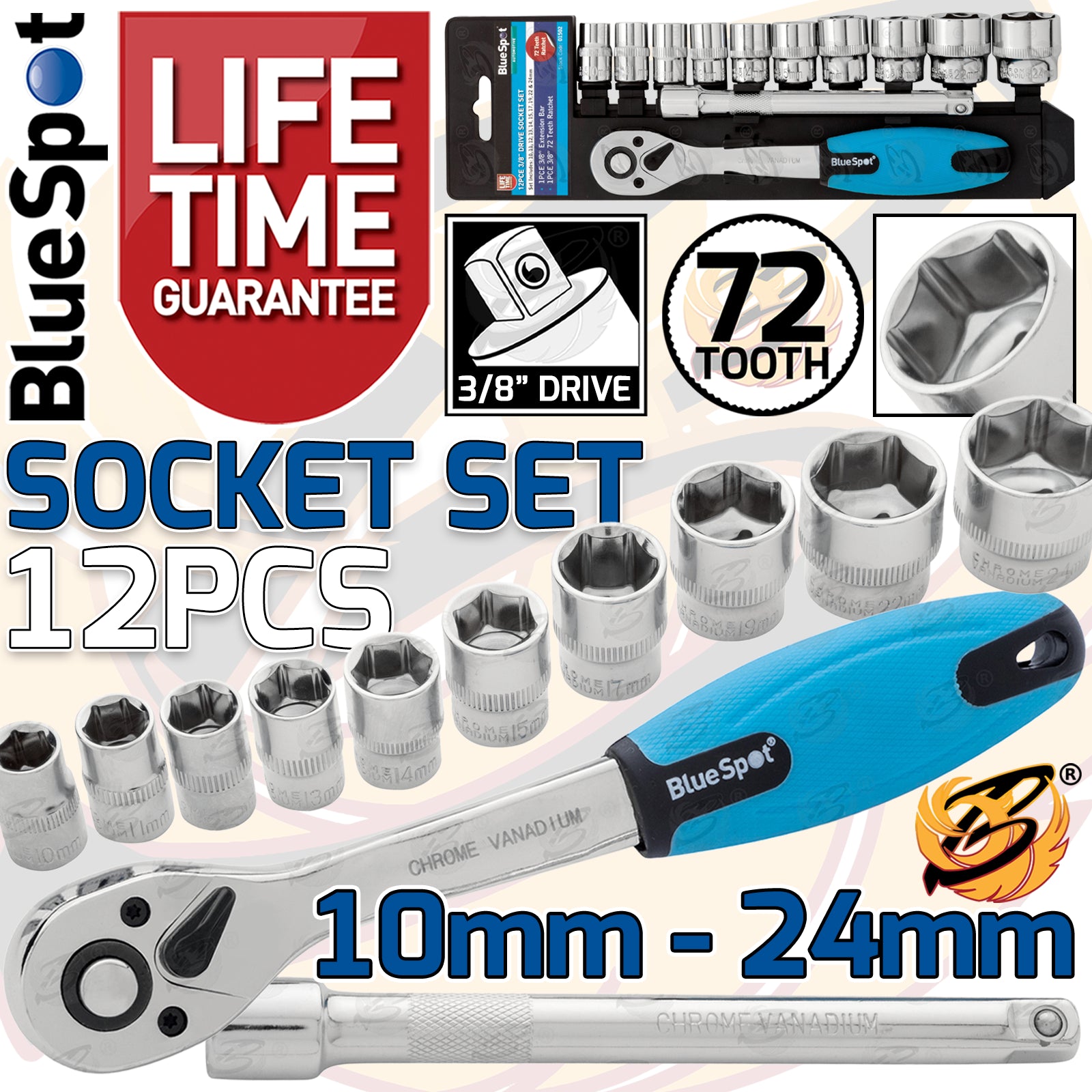 BLUESPOT 36PCS 1/4" & 3/8" & 1/2" DRIVE 6 POINT SHALLOW SOCKET SET 4MM - 24MM