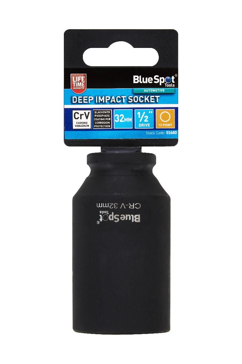 BlueSpot 32mm 1/2" Drive 12 Point Deep Impact Socket With A Manufacturers LifeTime Guarantee 01680