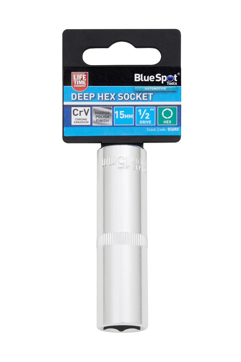 BlueSpot 15mm 1/2" Drive 6 Point Deep Socket ( Single ) With A Manufacturers LifeTime Guarantee 01692
