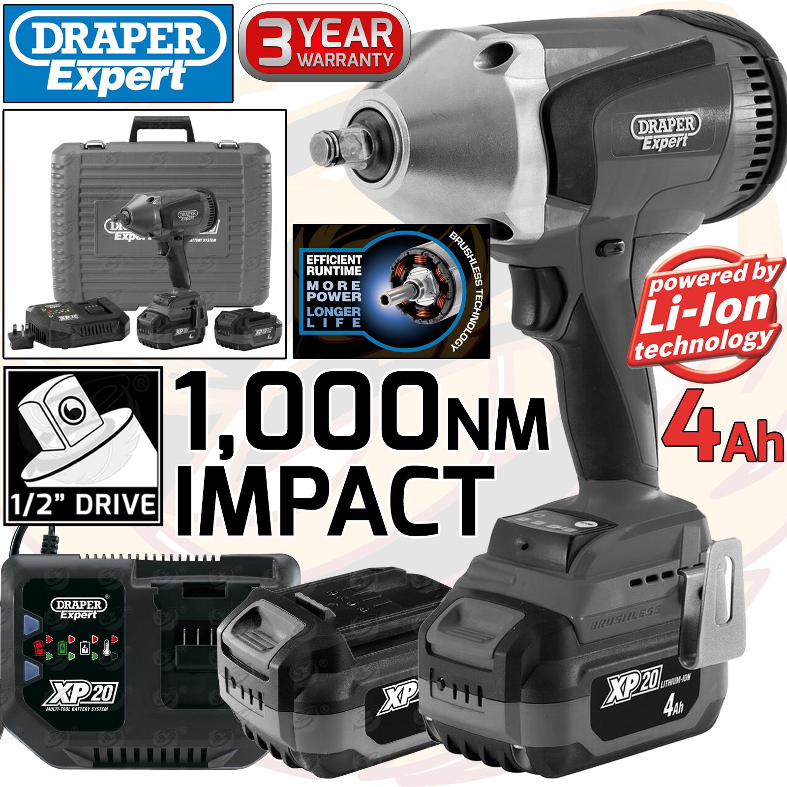 DRAPER 20V 1000NM 1/2" DRIVE CORDLESS IMPACT WRENCH BRUSHLESS x2 4AH LI-ION BATTERIES