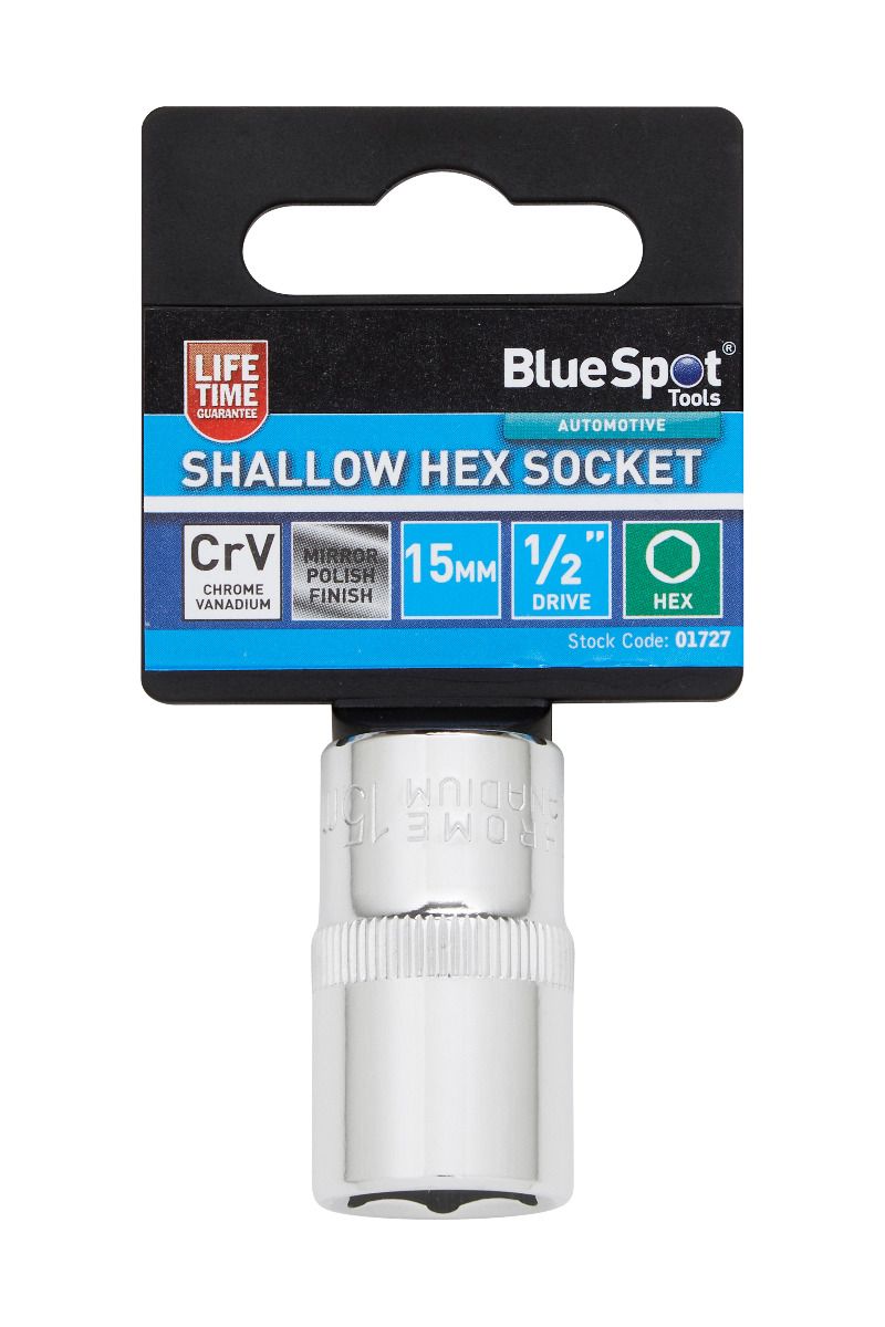 BlueSpot 15mm 1/2" Drive 6 Point Shallow Socket ( Single ) With A Manufacturers LifeTime Guarantee 01727