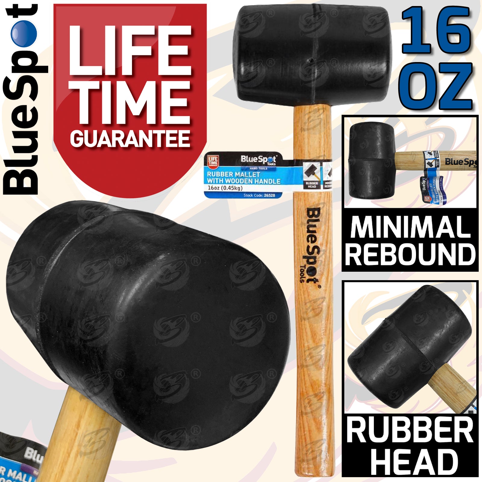 BLUESPOT 16OZ RUBBER HAMMER / MALLET WITH WOODEN HANDLE 6