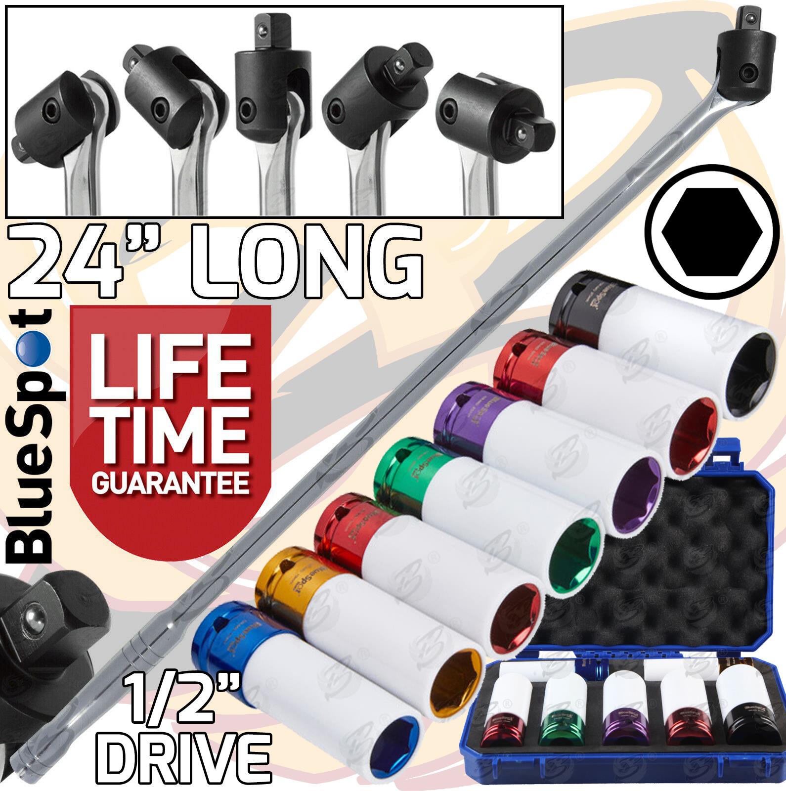 BLUESPOT 1/2" DRIVE 24" LONG BREAKER BAR & 7PCS 6 POINT ALLOY WHEEL NUT SOCKETS 17MM - 27MM