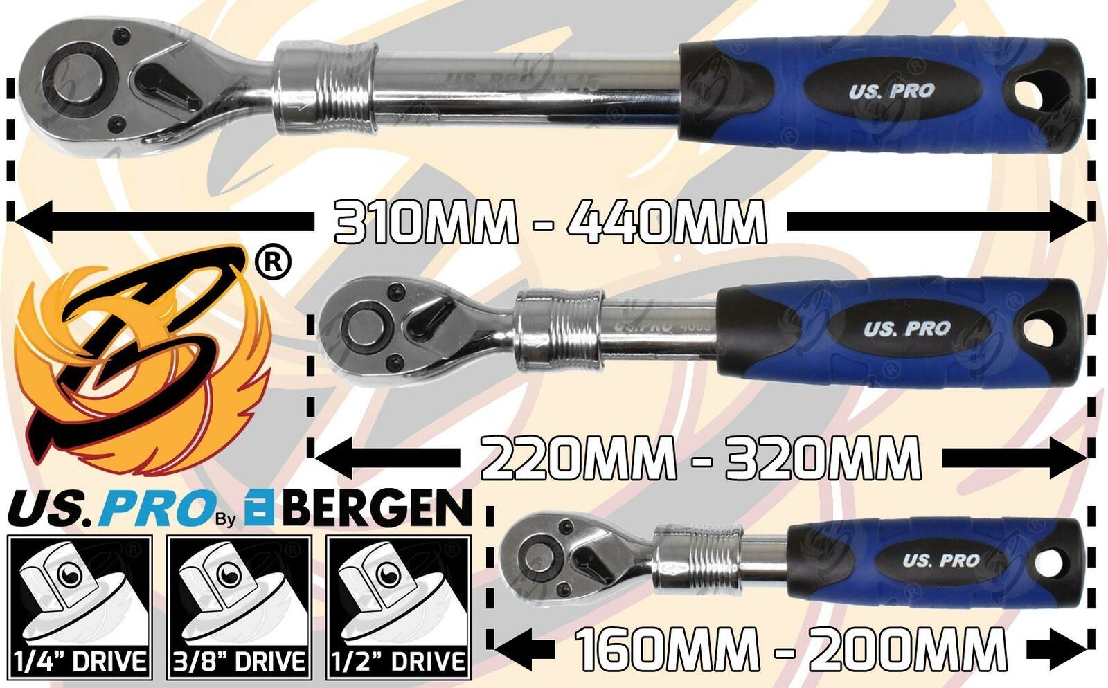 US PRO 3PCS 1/4" & 3/8" & 1/2" DRIVE 72 TOOTH EXTENDABLE RATCHET HANDLES