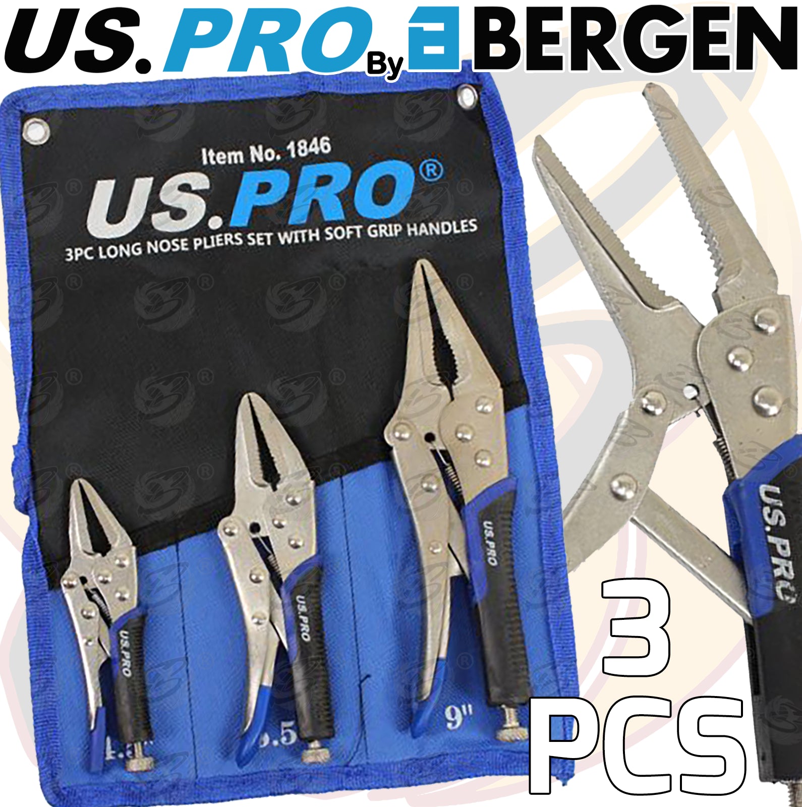 US PRO 3PC LONG NOSE PLIERS SET WITH SOFT GRIP HANDLES