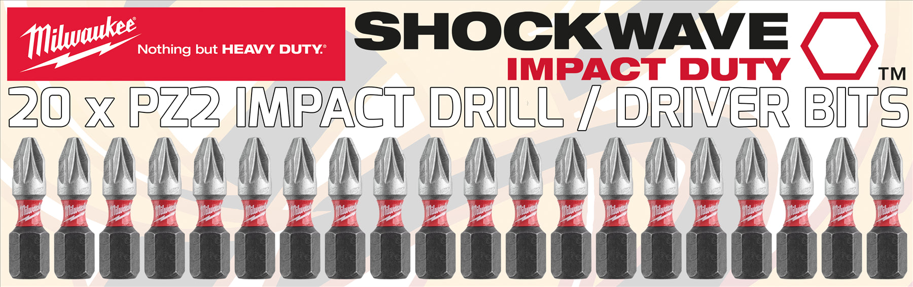 MILWAUKEE PZ2 x 25MM POZIDRIVE IMPACT DRILL / DRIVER BIT ( SHOCKWAVE IMPACT DUTY ) ( x 20 )
