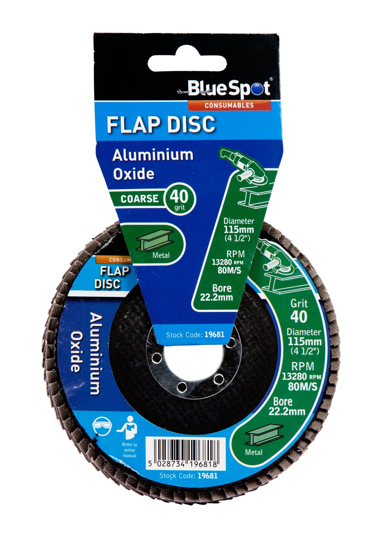BlueSpot 115mm (4.5") 40 Grit Aluminium Oxide Flap Disc (Header Card)  19681
