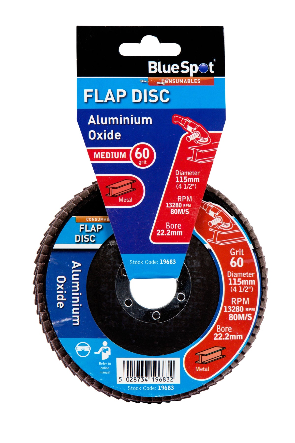 BlueSpot 115mm (4.5") 60 Grit Aluminium Oxide Flap Disc (Header Card)  19683