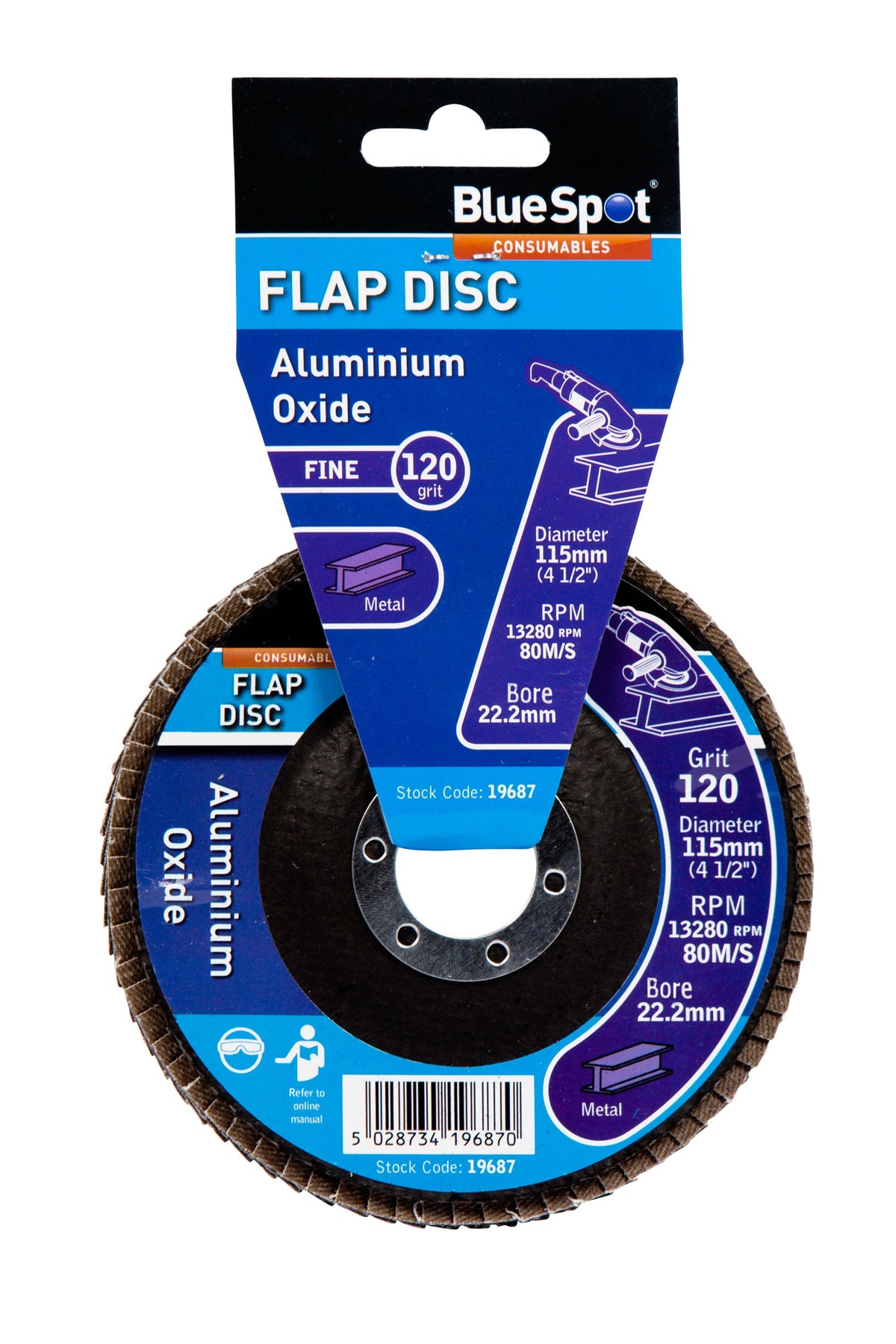 BlueSpot 115mm (4.5") 120 Grit Aluminium Oxide Flap Disc (Header Card)  19687