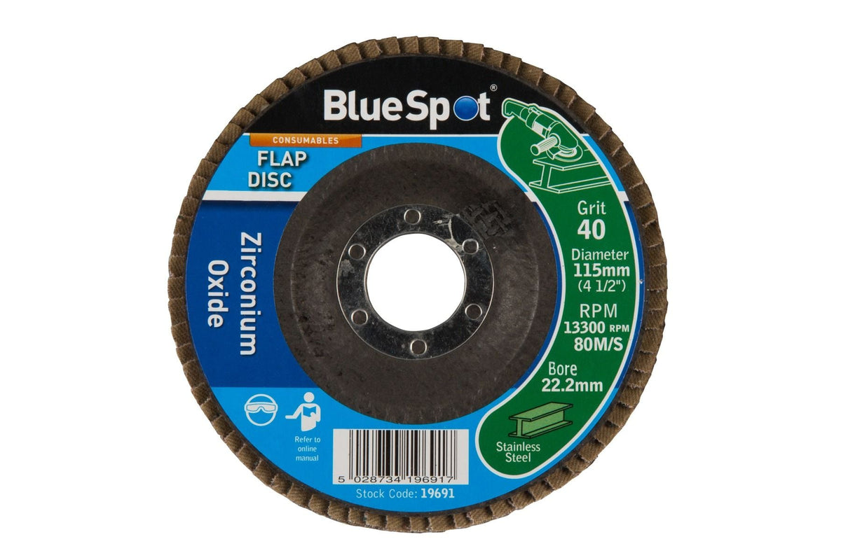 BlueSpot 115mm (4.5") 40 Grit Zirconium Oxide Flap Discs ( x10 )  19691