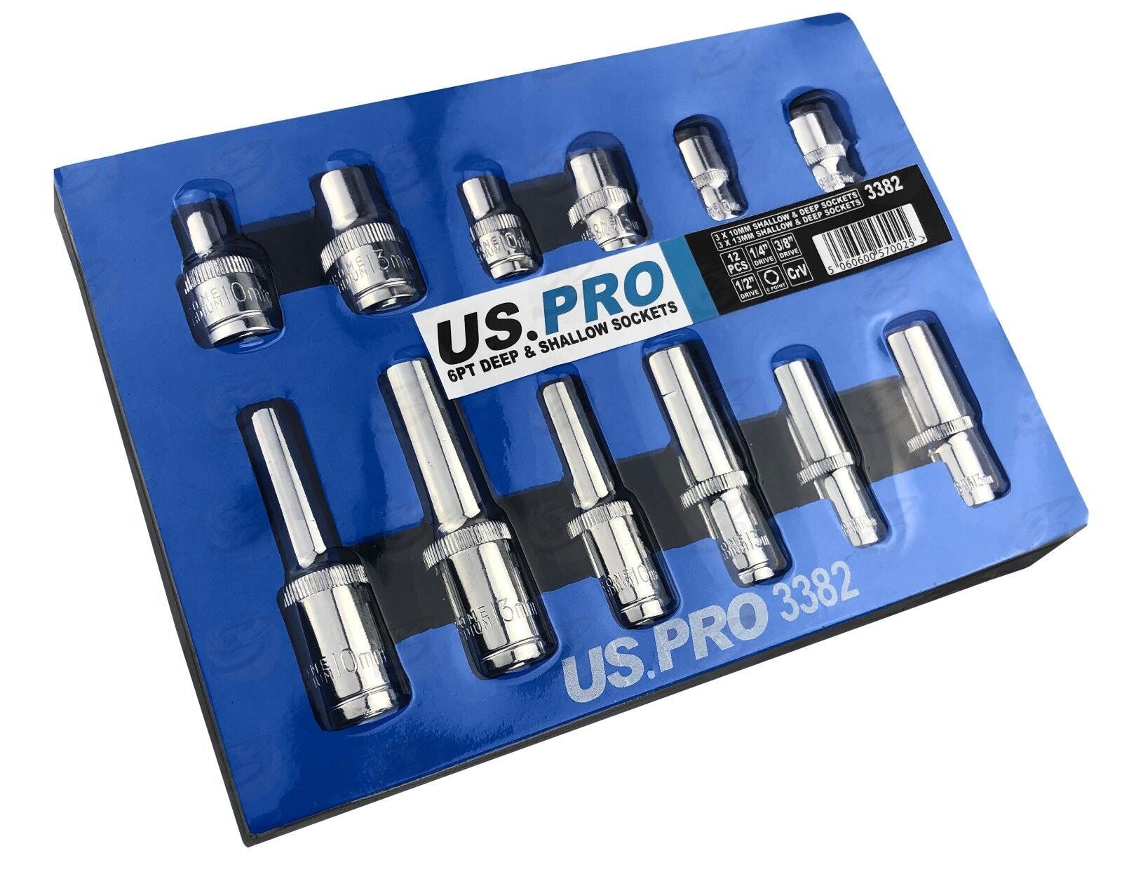 US PRO 12PCS 1/4" & 3/8" & 1/2" DRIVE 10MM & 13MM DEEP & SHALLOW 6 POINT SOCKETS