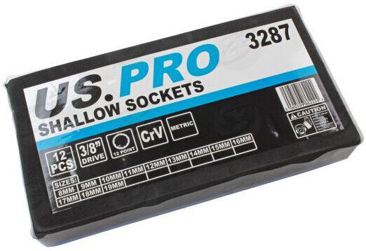 US PRO 12PCS 3/8" DRIVE 12 POINT SHALLOW SOCKETS 8MM - 19MM