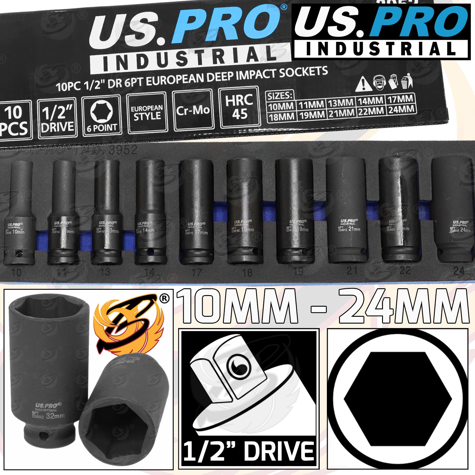 US PRO INDUSTRIAL 10PCS 1/2" DRIVE 6 POINT DEEP IMPACT SOCKETS 10MM - 24MM