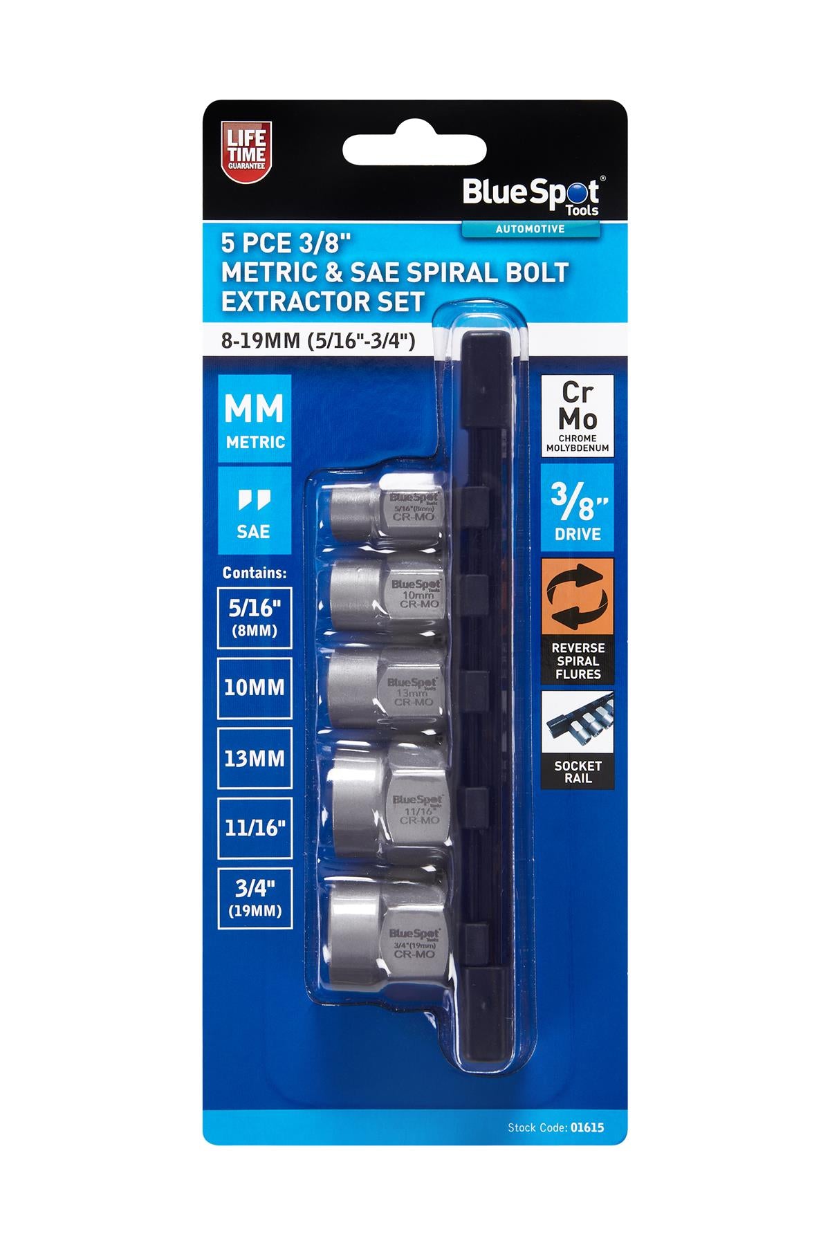 BlueSpot 5 PCE 3/8" Metric & SAE Spiral Bolt Extractor Set (8-19mm)(5/16"-3/4")  01615