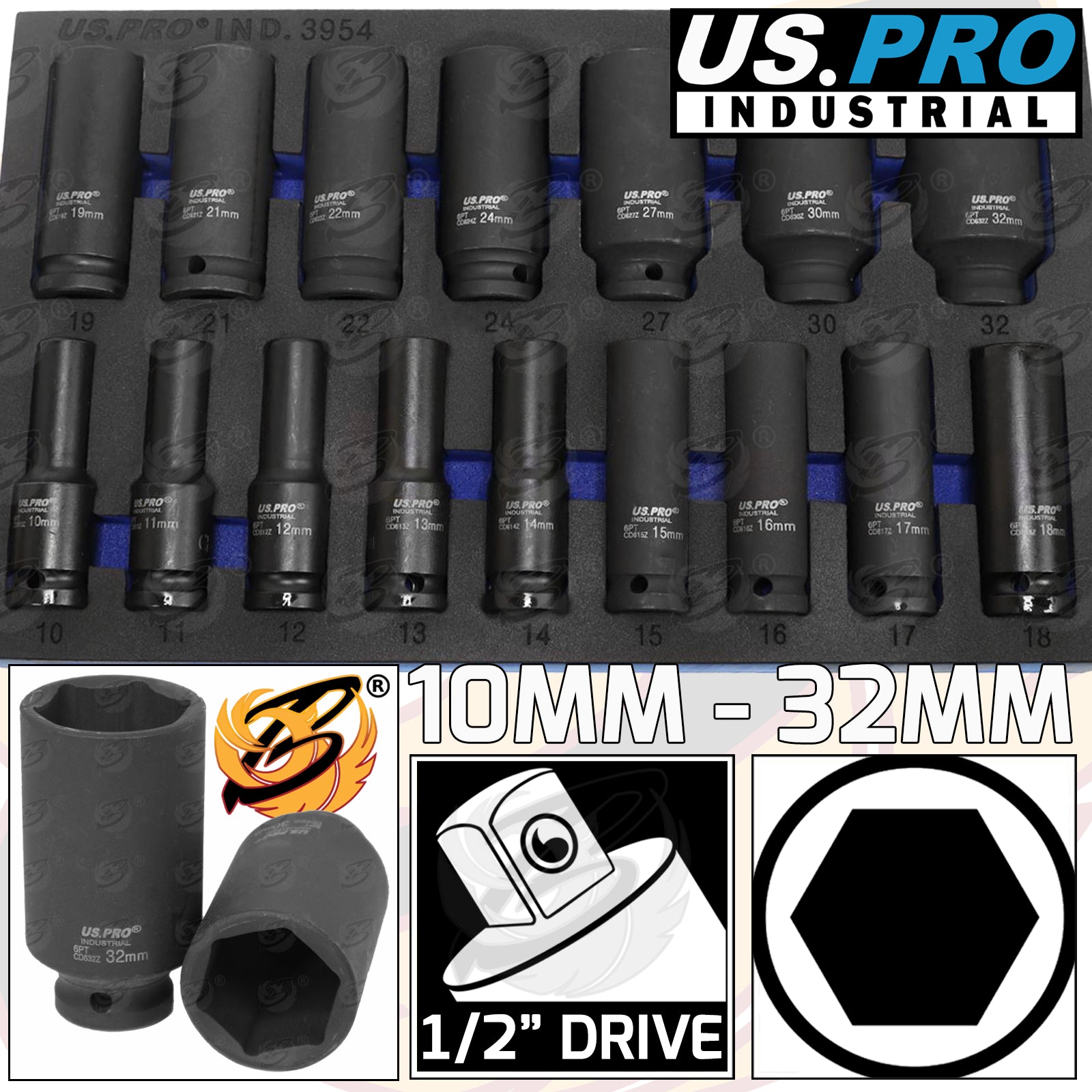 US PRO INDUSTRIAL 16PCS 1/2" DRIVE 6 POINT DEEP IMPACT SOCKETS 10MM - 32MM