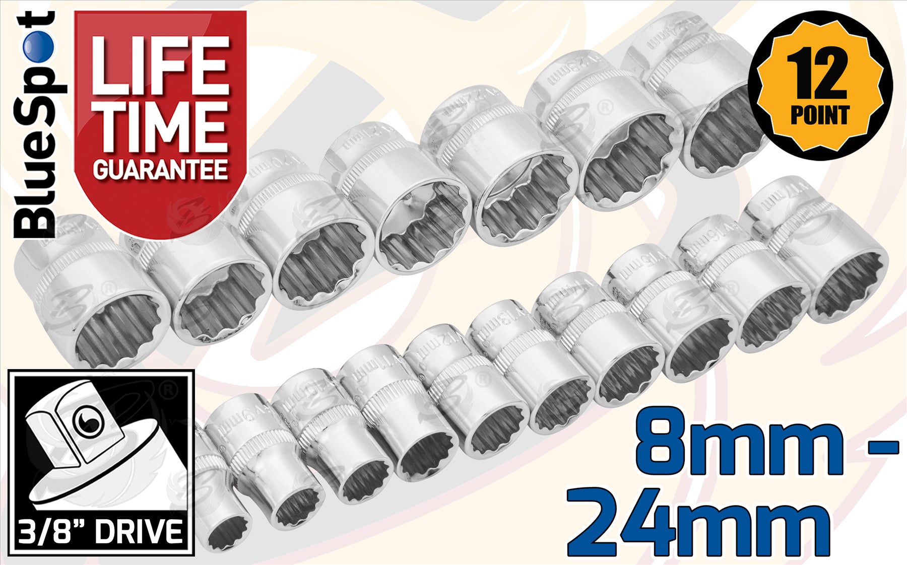 BLUESPOT 17PCS 3/8" DRIVE 12 POINT SHALLOW SOCKETS 8MM - 24MM