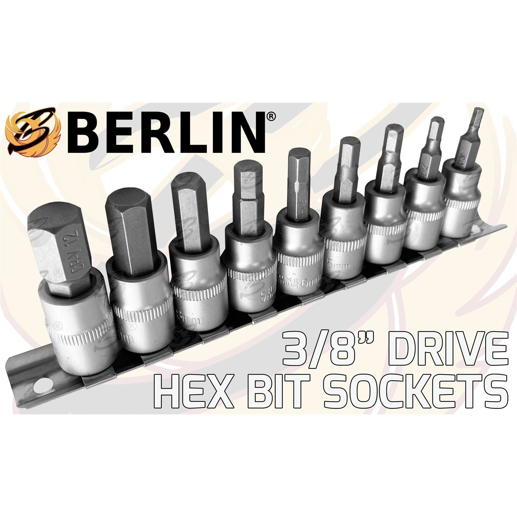 BERLIN 9PCS 3/8" DRIVE HEX BIT SOCKETS H3 - H12