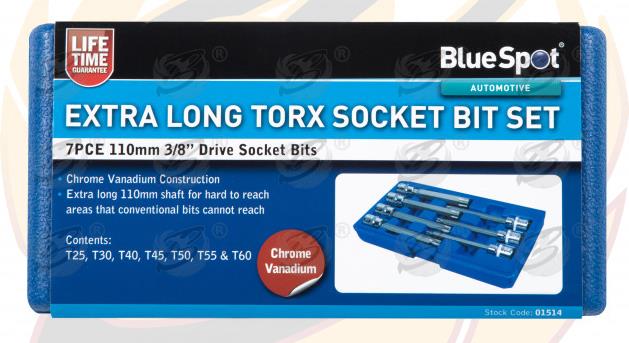 BlueSpot 7 Piece 3/8" Drive Extra Long Torx Bit Sockets T25 - T60 01514