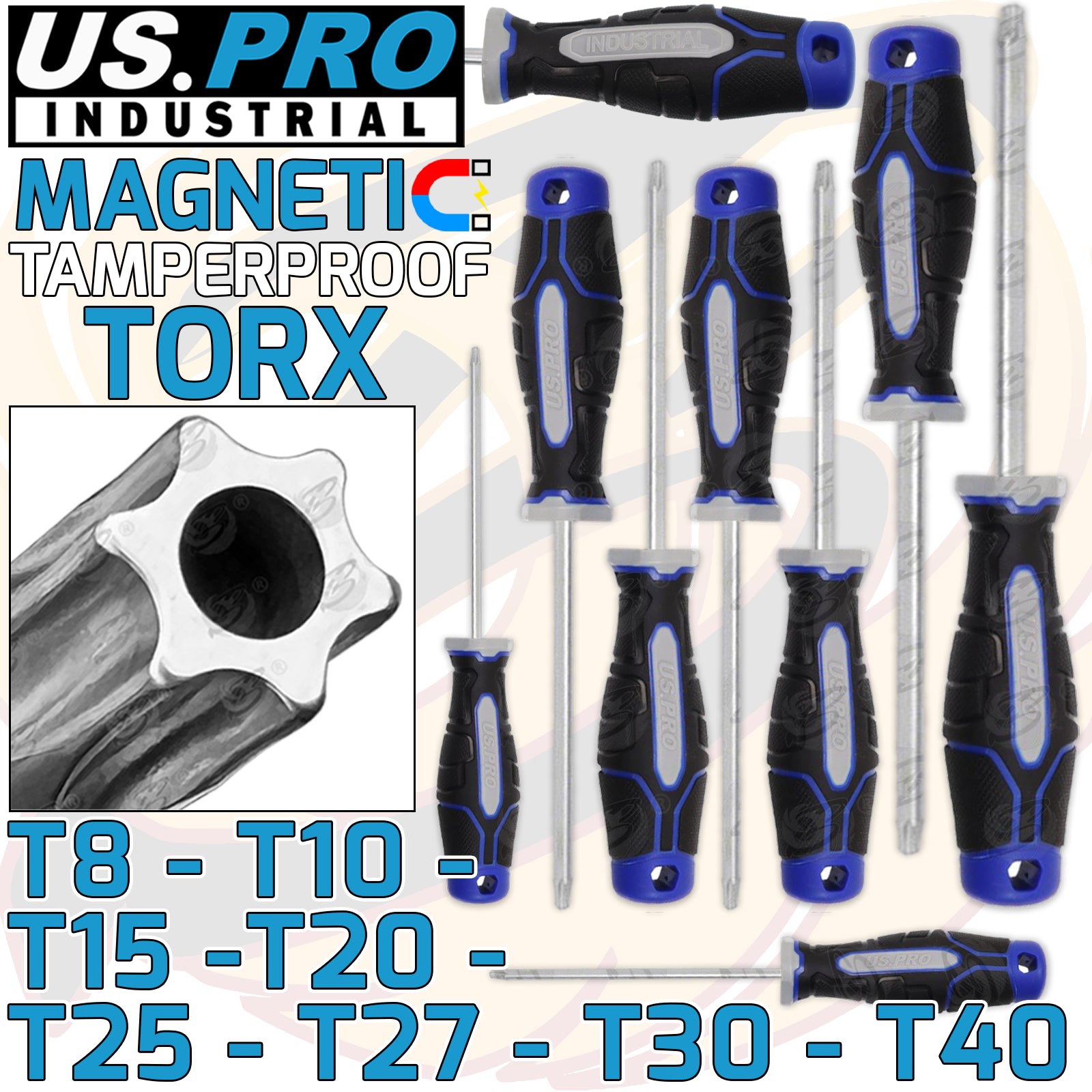 US PRO INDUSTRIAL 8PCS MAGNETIC TAMPER PROOF TORX SCREWDRIVER SET T8 - T40