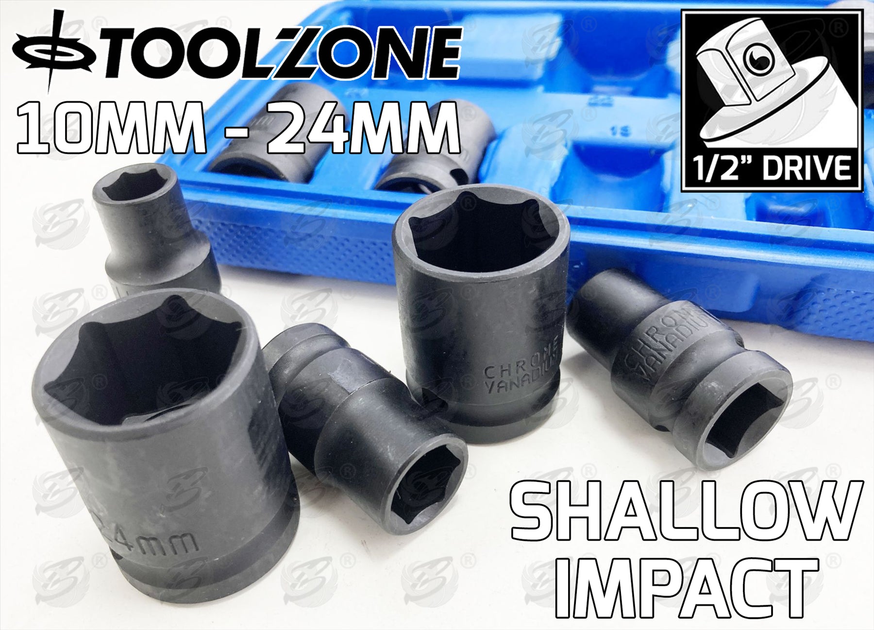 TOOLZONE 10PCS 1/2" DRIVE 6 POINT SHALLOW IMPACT SOCKETS 10MM - 24MM
