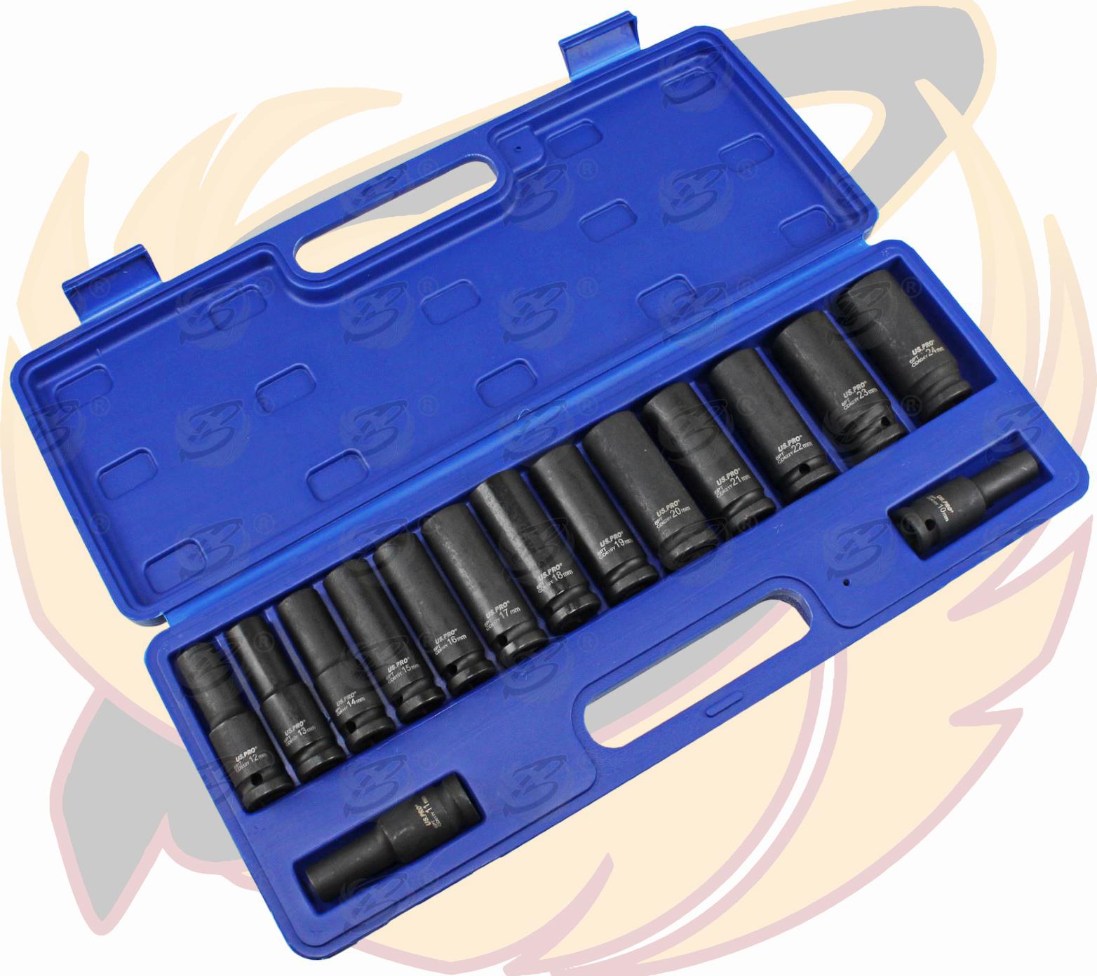 US PRO 15PCS 1/2" DRIVE 6 POINT DEEP IMPACT SOCKETS 10MM - 24MM