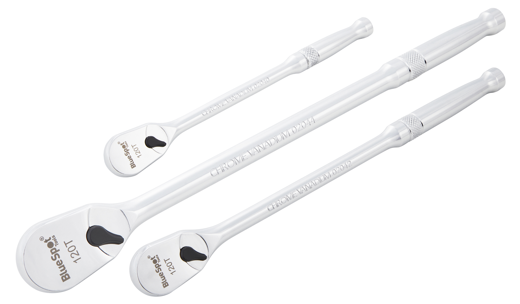 BlueSpot 3 Piece 1/4" & 3/8" & 1/2" Drive 120 Tooth Extra Long Ratchet Handles With A Manufacturers LifeTime Guarantee 02040 & 02042 & 02044