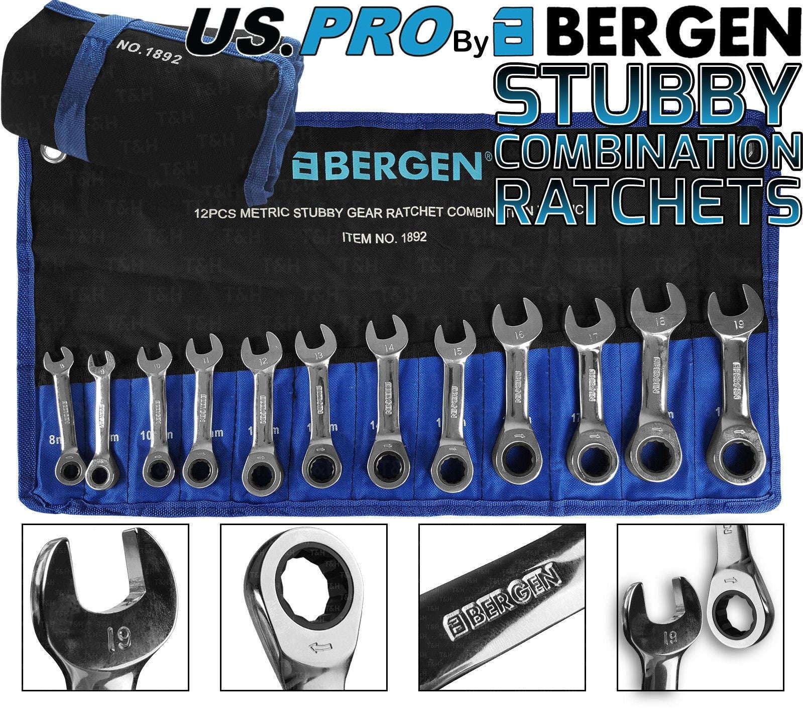 US PRO 12PCS STUBBY COMBINATION RATCHET SPANNERS