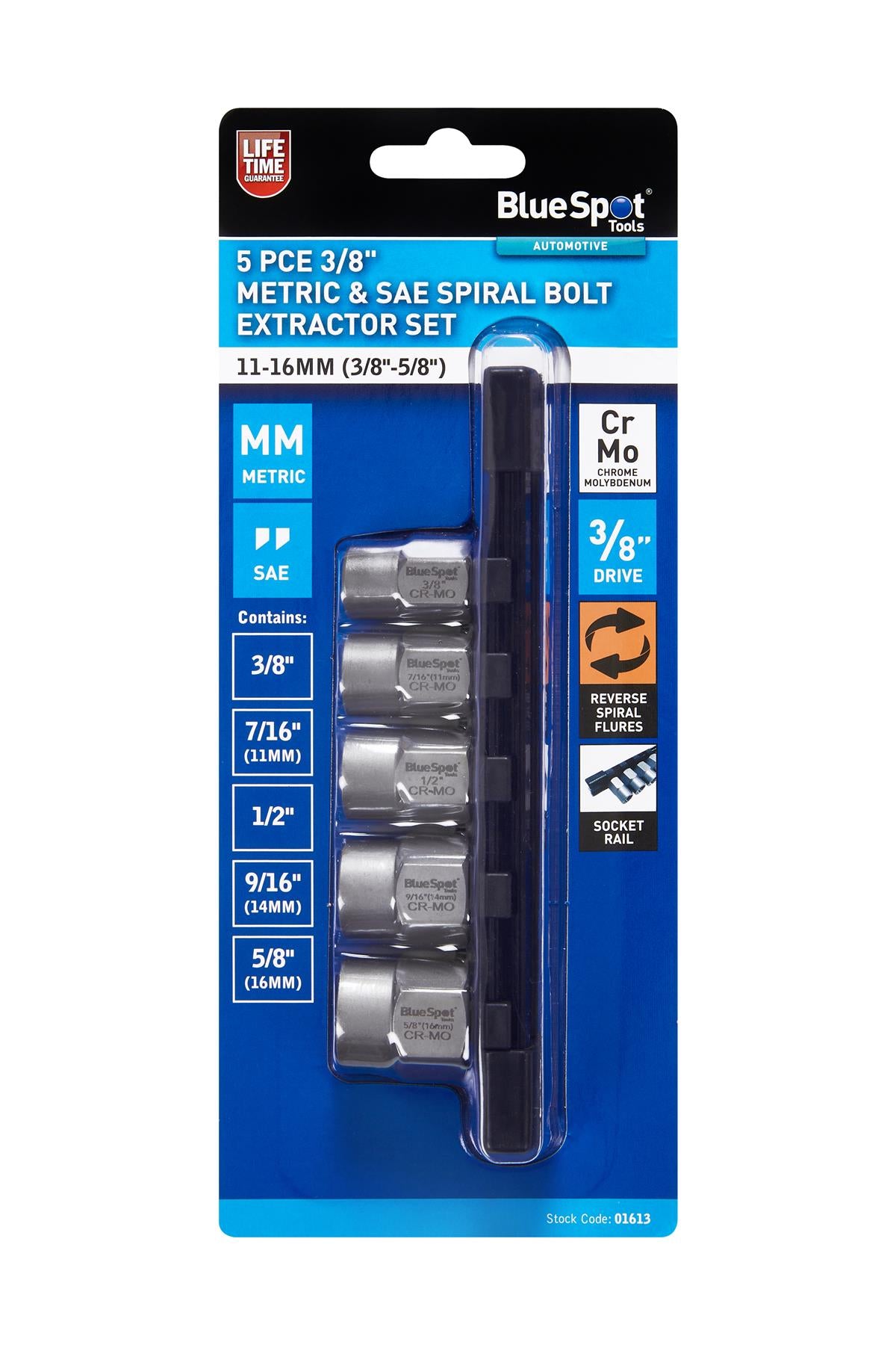 BlueSpot 5 PCE 3/8" Metric & SAE Spiral Bolt Extractor Set (11-16mm)(3/8"-5/8")  01613