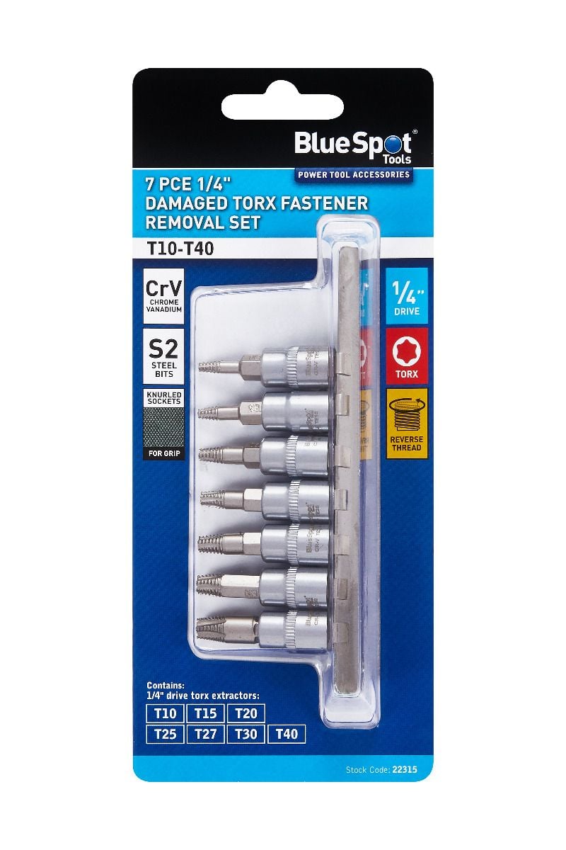 BlueSpot 7 Piece 1/4" Damaged Torx Fastener Removal Set (T10-T40)  22315