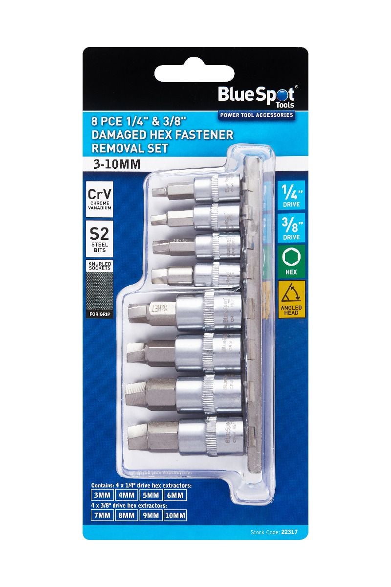 BlueSpot 8 Piece 1/4" & 3/8" Damaged Hex Fastener Removal Set (3-10mm)  22317