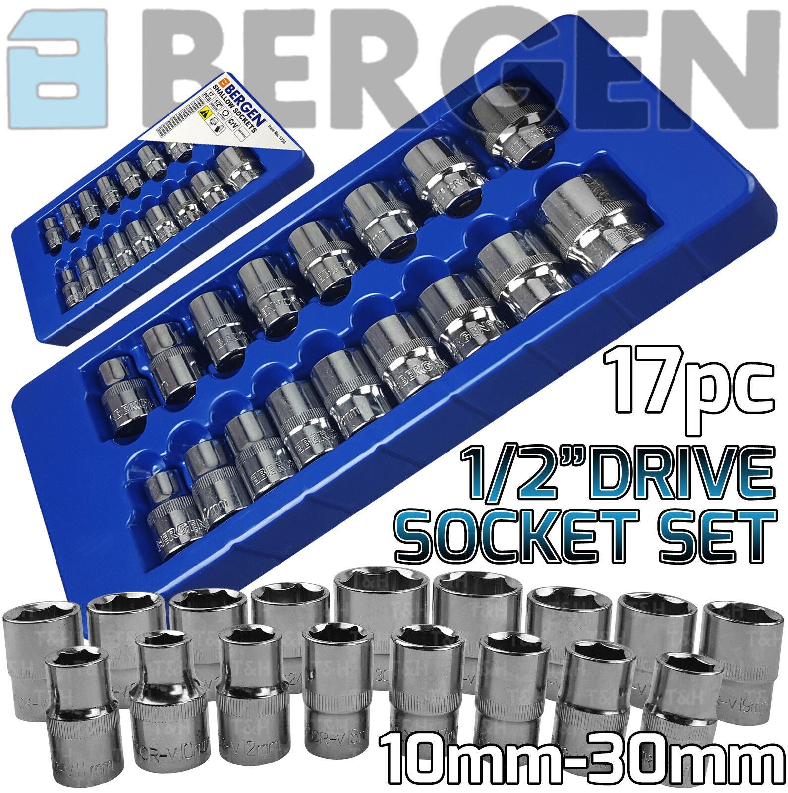 US PRO 17PCS 1/2" DRIVE 6 POINT SHALLOW SOCKETS 10MM - 30MM