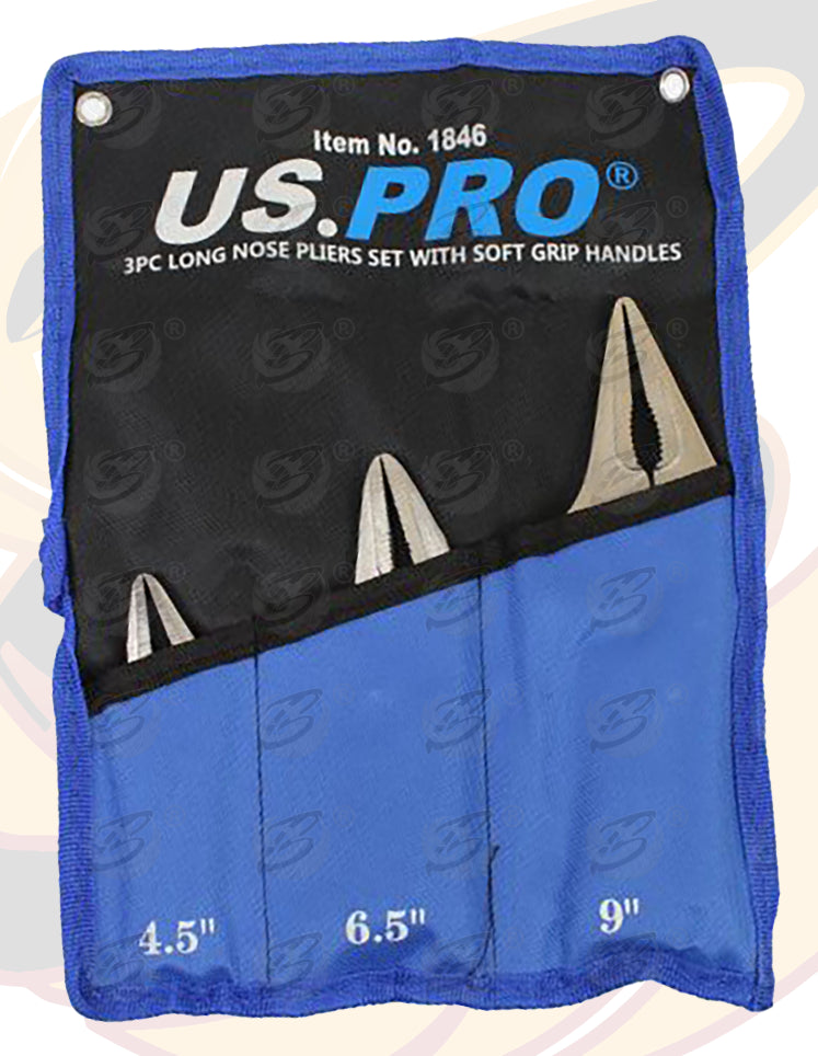 US PRO 3PC LONG NOSE PLIERS SET WITH SOFT GRIP HANDLES