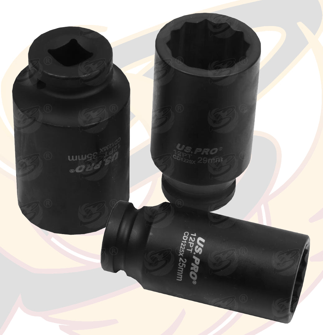 US PRO 12PCS 1/2" DRIVE 12 POINT DEEP IMPACT SOCKETS 25MM - 36MM