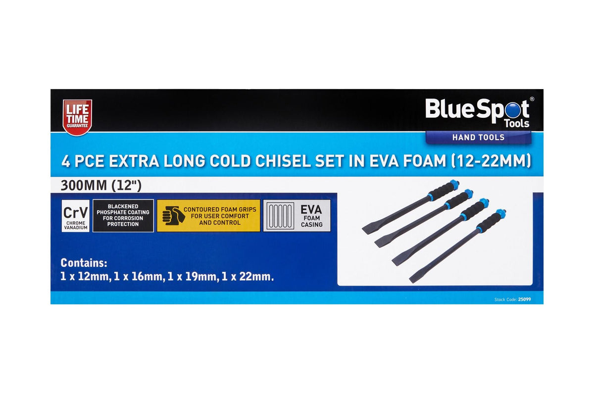 BlueSpot 4 Piece 300mm (12") Extra Long Cold Chisel Set In EVA Foam (12-22mm)  25099