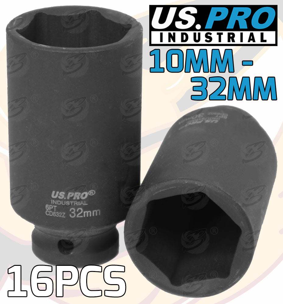 US PRO INDUSTRIAL 16PCS 1/2" DRIVE 6 POINT DEEP IMPACT SOCKETS 10MM - 32MM