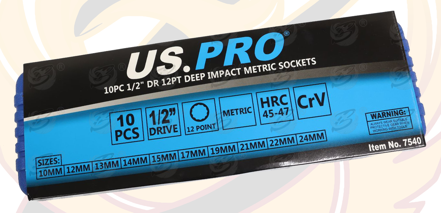 US Pro 10 Piece 1/2" Drive 12 Point Deep Impact Sockets 10mm - 24mm ( 7540 )