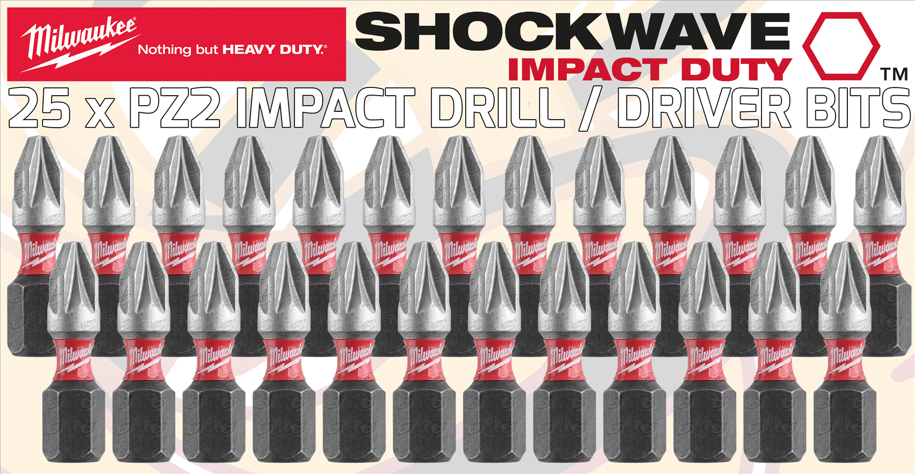 MILWAUKEE PZ2 x 25MM POZIDRIVE IMPACT DRILL / DRIVER BIT ( SHOCKWAVE IMPACT DUTY ) ( x 25 )