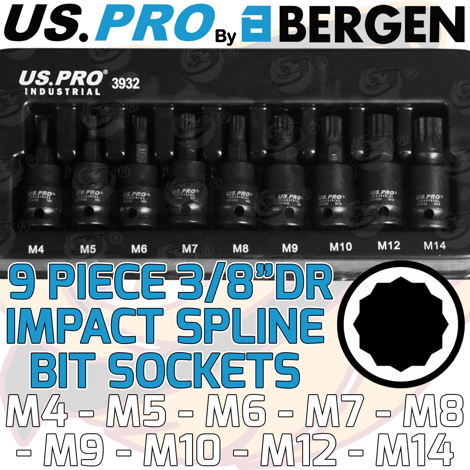 US PRO INDUSTRIAL 9PCS 3/8" DRIVE IMPACT SPLINE BIT SOCKETS M4 - M15