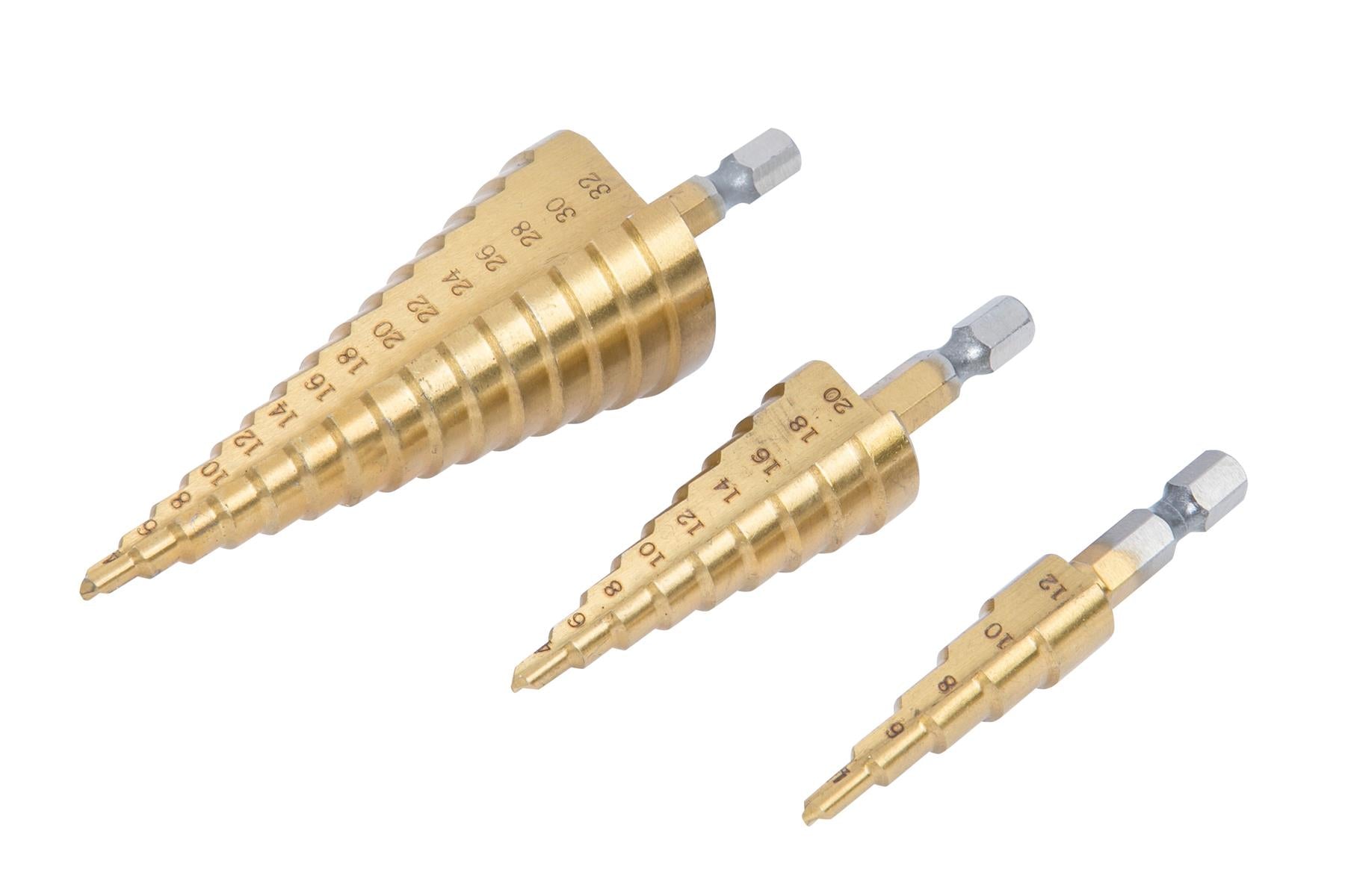 BlueSpot 3 Piece HSS Step Drill Set 4mm - 32mm With 1/4" Hex Shank ( 20501 )