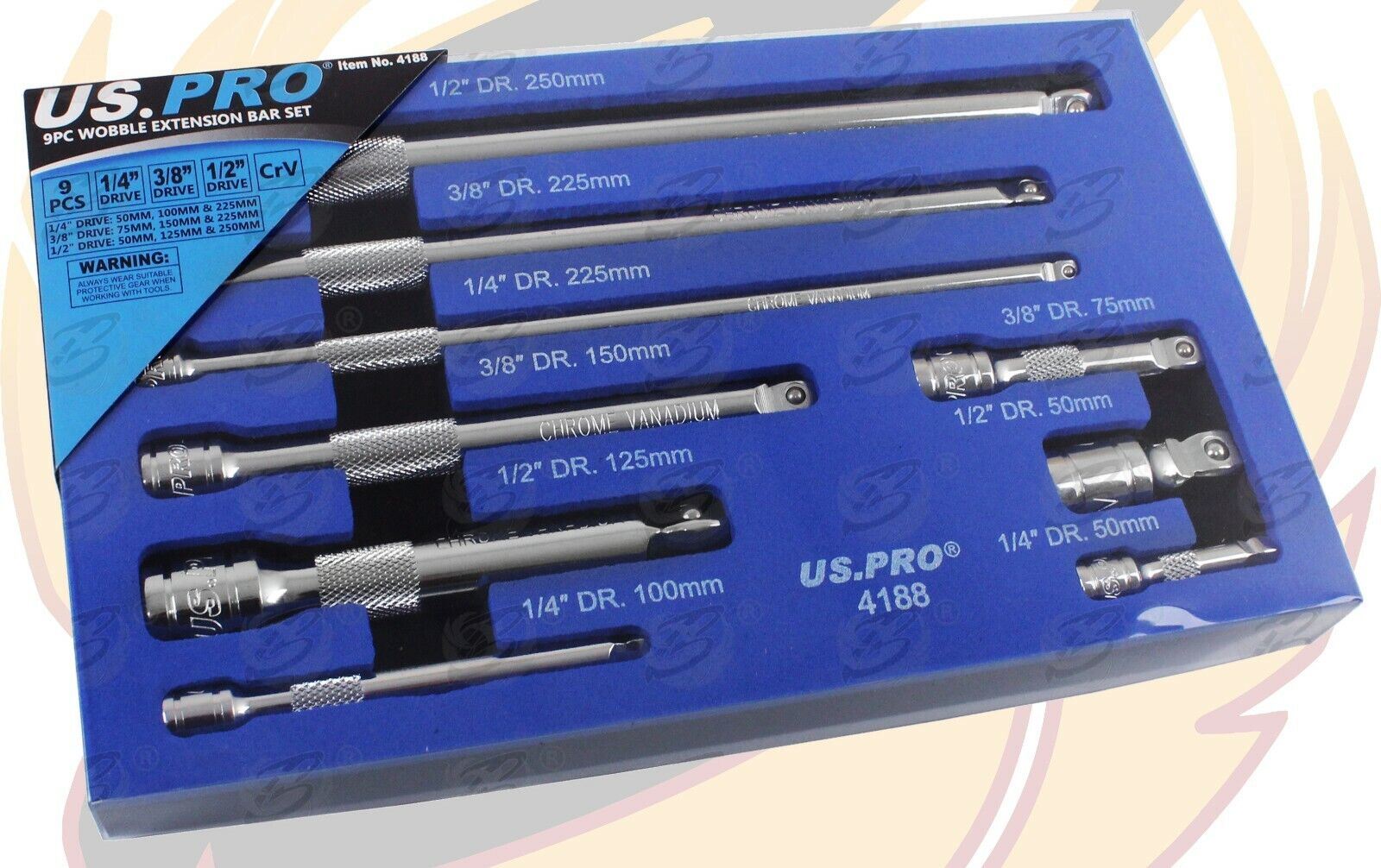 US Pro 9 Piece 1/4" & 3/8" & 1/2" Drive Wobble Extension Bars 50mm - 250mm 4188