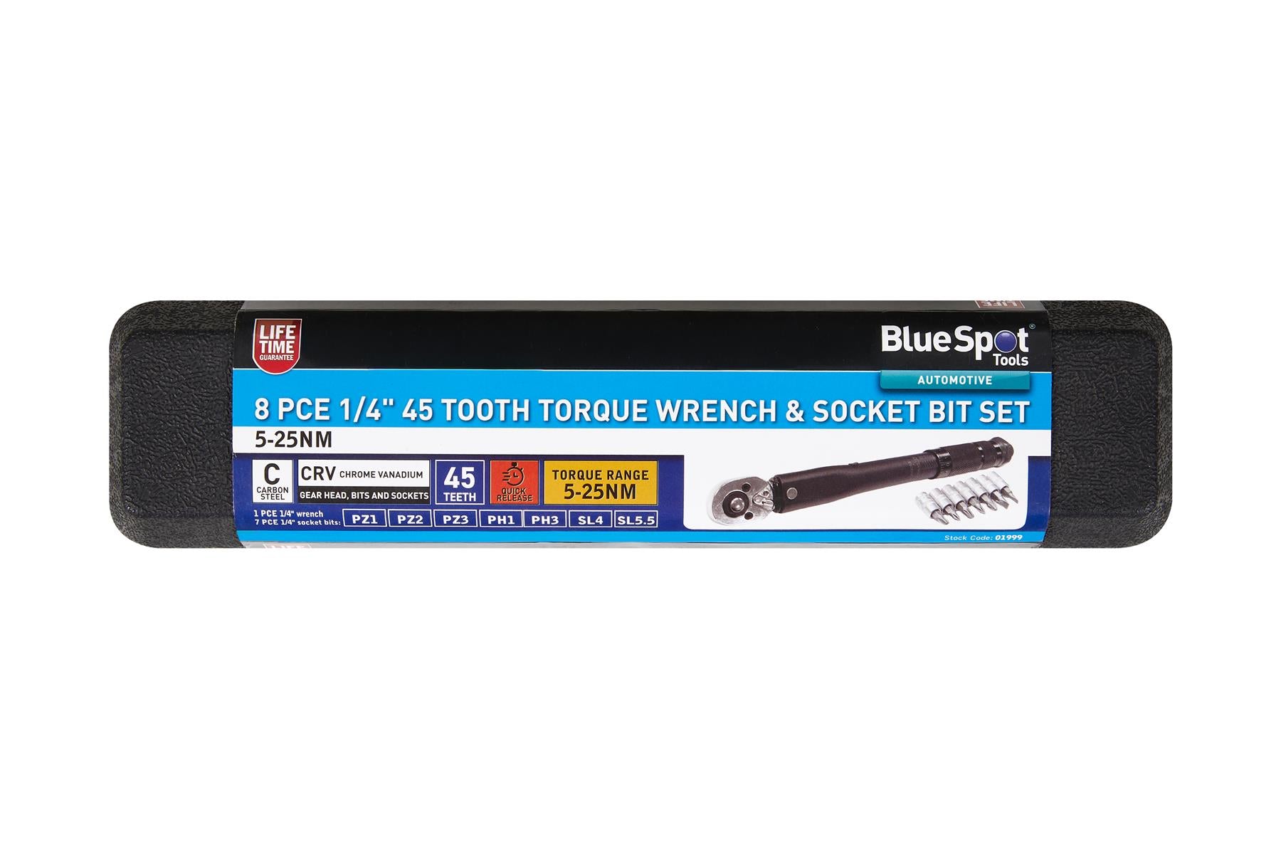 BlueSpot 8 Piece 1/4" 45 Tooth Torque Wrench & Socket Bit Set ( 5Nm - 25Nm ) ( PZ1 - PZ3 ) ( PH1 - PH3 ) ( SL4 - SL5.5 )  01999